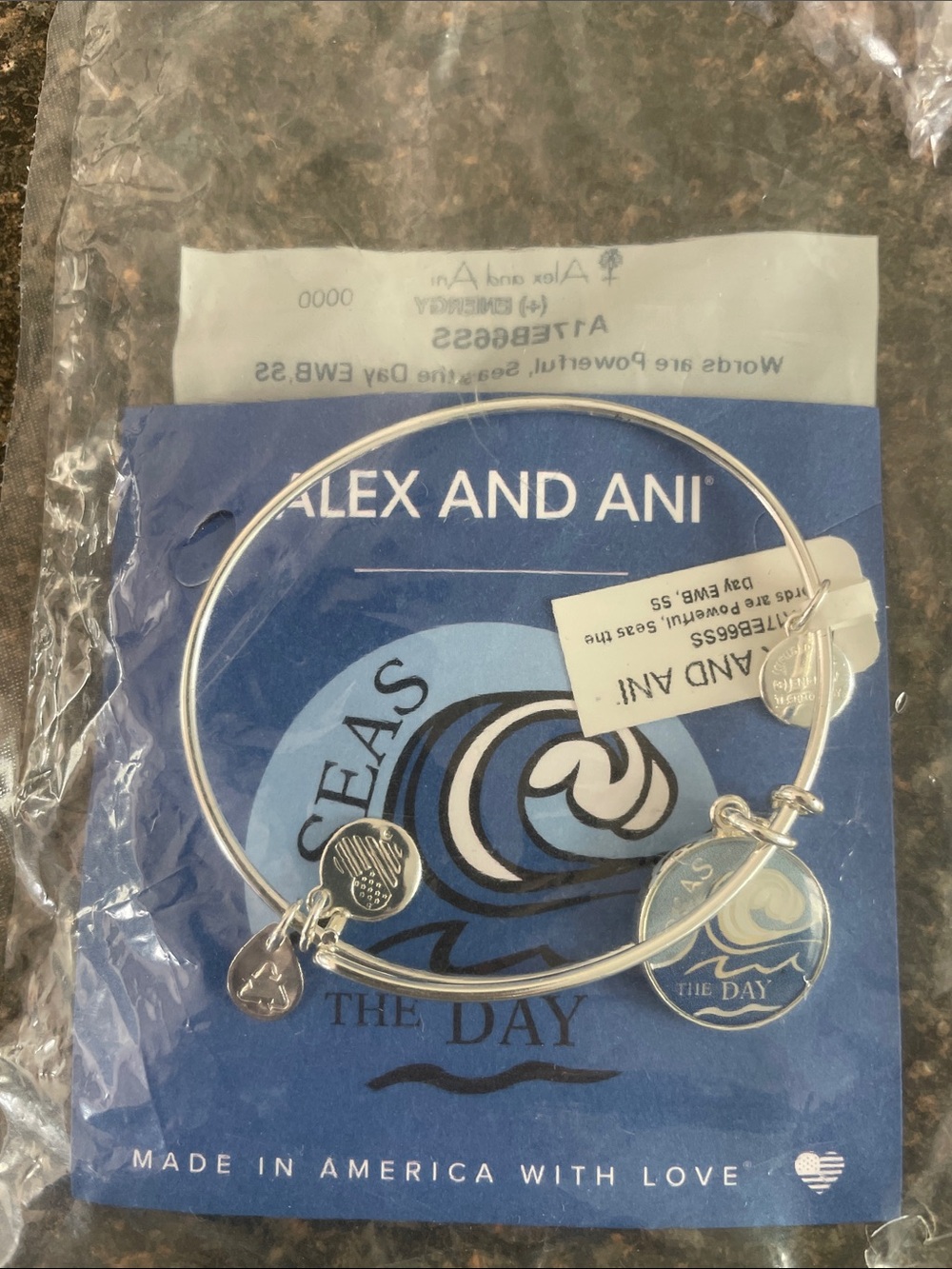 Alex and Ani Silver and Blue “Seas the Day” Charm Bangle
